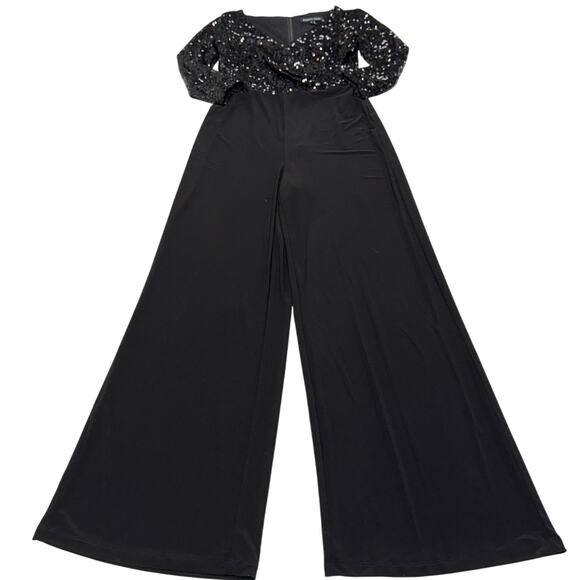 Adrianna Papell Jumpsuit Womens 2 Black Sequined Wide Leg V Neck Holiday Party - Picture 2 of 11